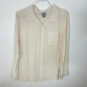 Worthington 100% Silk Sheer Blouse Cream Button Front Pocket Women's Size Large